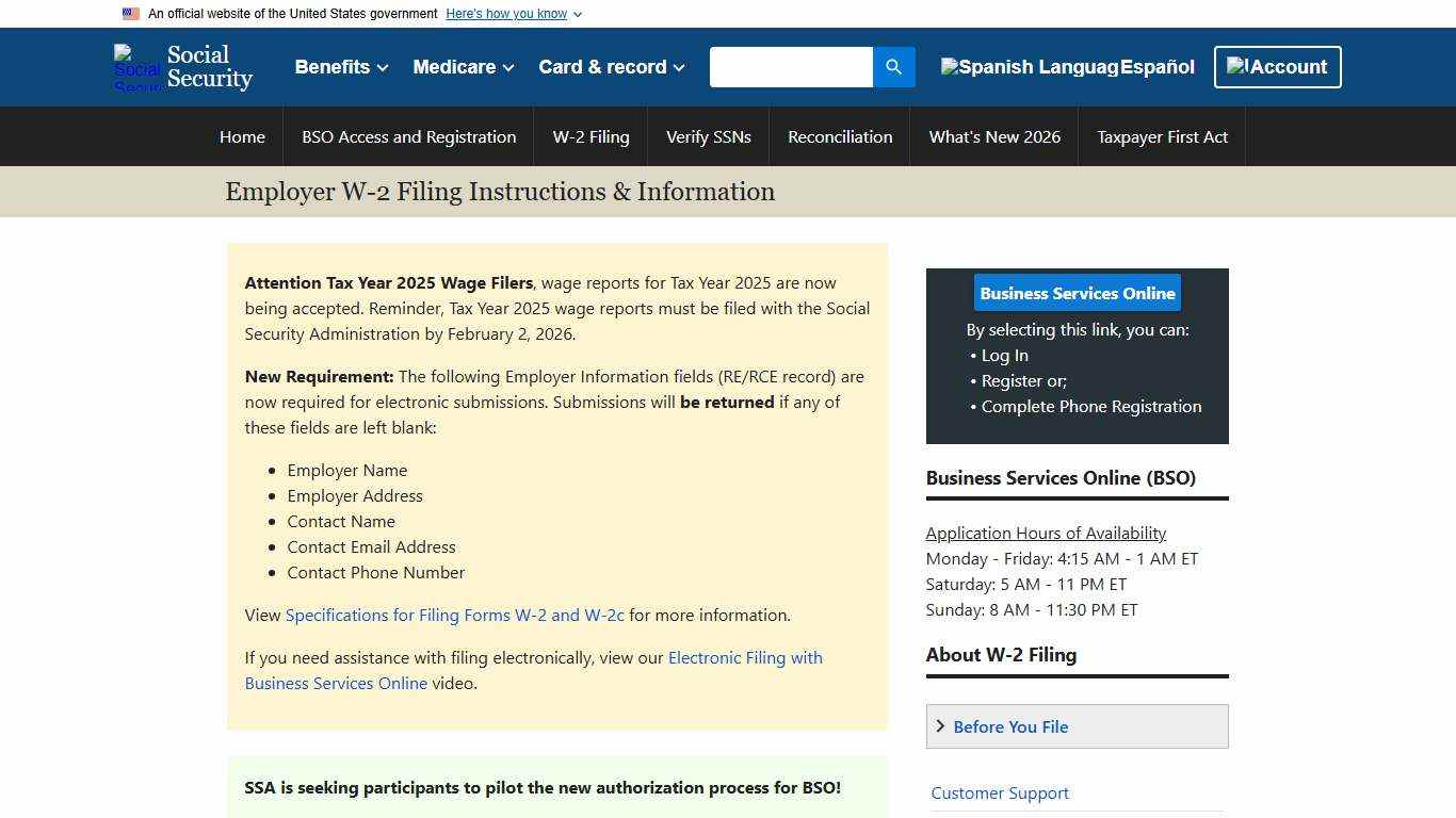 Employer W-2 Filing Instructions & Information