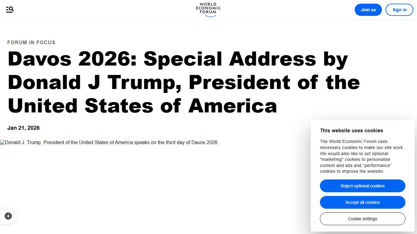 Davos 2026: Special Address by US President Donald J Trump World Economic Forum